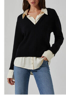 ASTR The Label Jianna Layered Sweater Womens Small NEW Black & Cream Old Money
